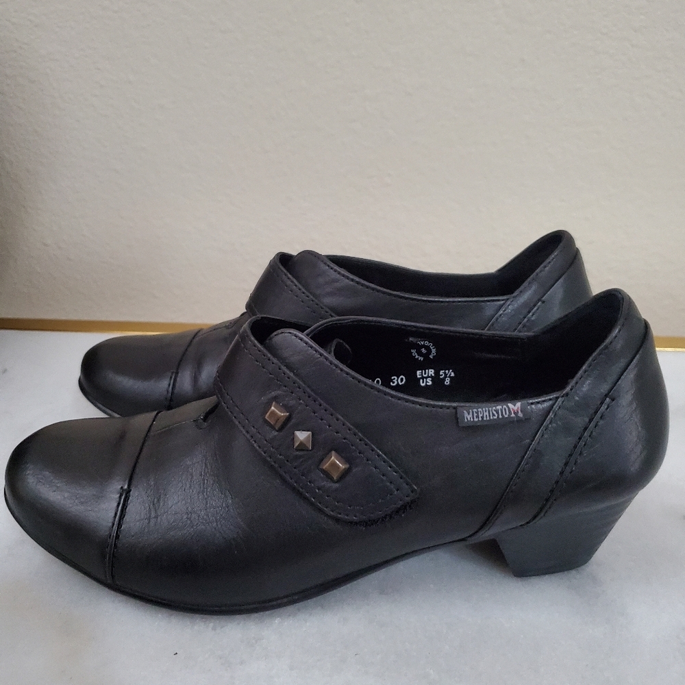 Mephisto Black Leather Round Toe Chunky Heel Velcro Strap Women's Shoe 5 1/2   8 - Picture 2 of 15